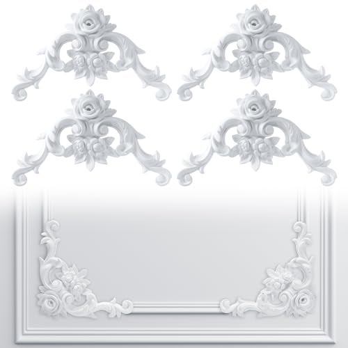 Pangda Corner Wall Molding French Style Wainscoting Panels Flora Moulding Corner Panel Wall Molding Kit for Cabinet Picture Frames Decor, Not Include Glue(4 Pcs,Rose Style) - Image 1