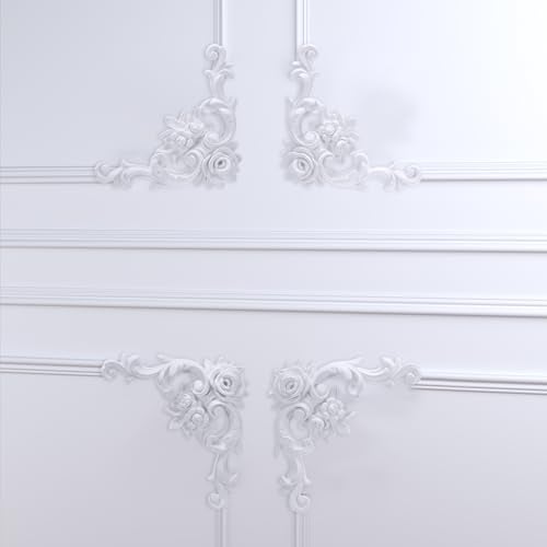 Pangda Corner Wall Molding French Style Wainscoting Panels Flora Moulding Corner Panel Wall Molding Kit for Cabinet Picture Frames Decor, Not Include Glue(4 Pcs,Rose Style) - Image 3