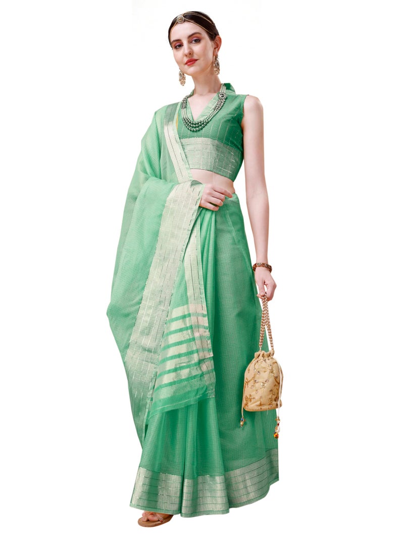 EthnicJunction Women's Cotton Linen Woven Saree With Blouse Piece (Green) - Image 1