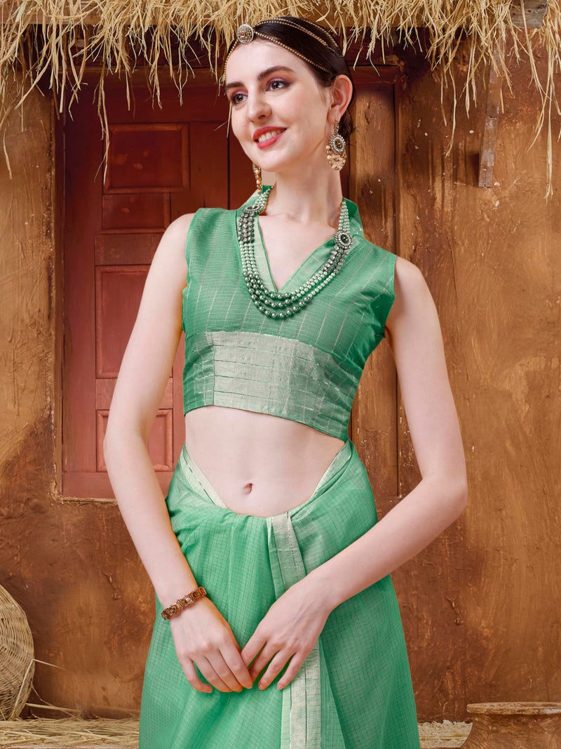 EthnicJunction Women's Cotton Linen Woven Saree With Blouse Piece (Green) - Image 5