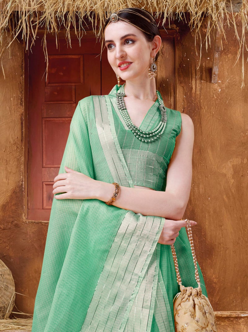 EthnicJunction Women's Cotton Linen Woven Saree With Blouse Piece (Green) - Image 4