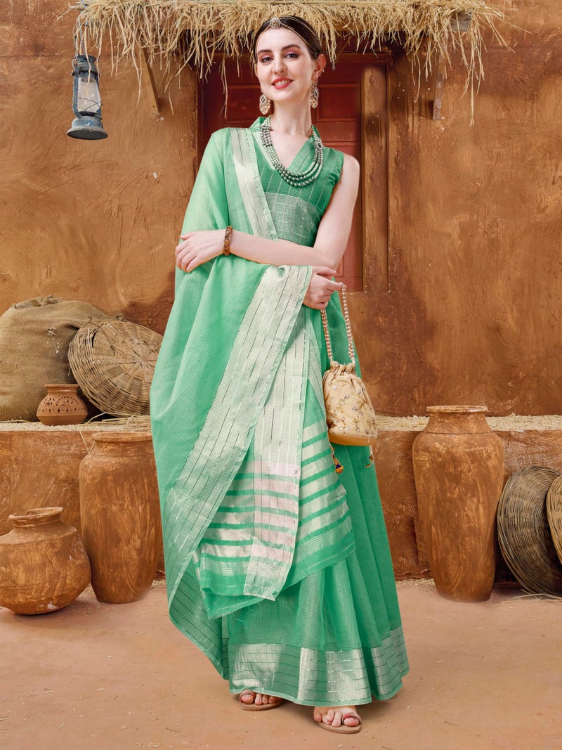 EthnicJunction Women's Cotton Linen Woven Saree With Blouse Piece (Green) - Image 3
