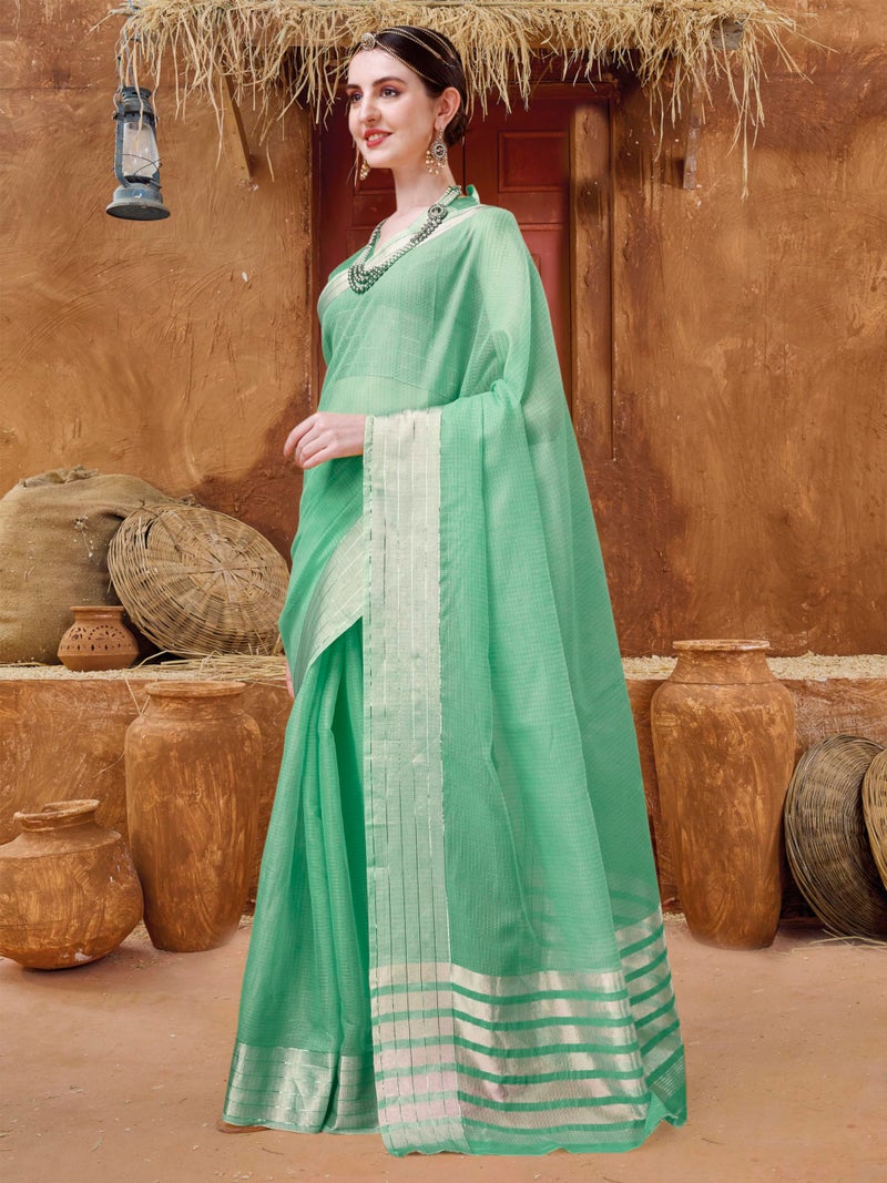 EthnicJunction Women's Cotton Linen Woven Saree With Blouse Piece (Green) - Image 2