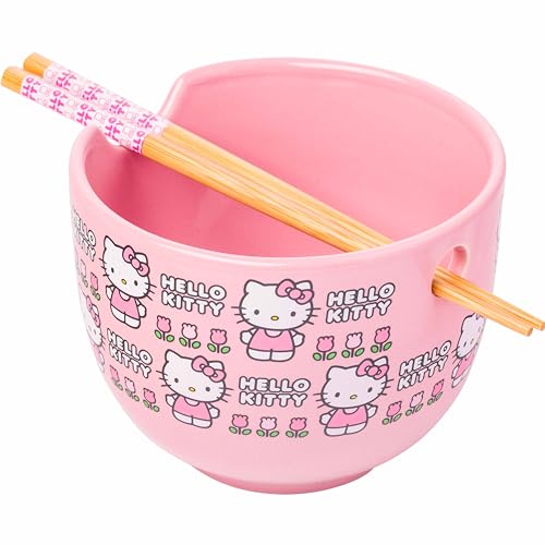 Silver Buffalo Silver Buffalo Sanrio Hello Kitty Flowers Pattern Ceramic Ramen Noodle Rice Bowl with Chopsticks  Microwave Safe  20 Ounces 