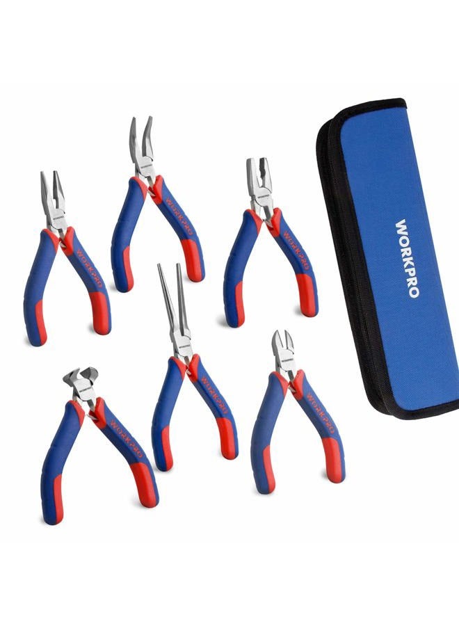 WORKPRO 6-piece Mini Pliers Set - Needle Nose, Diagonal, Long Nose, Bent Nose, End Cutting and Linesman, for Making Crafts, Repairing Electronic Devices, with Pouch - Image 1