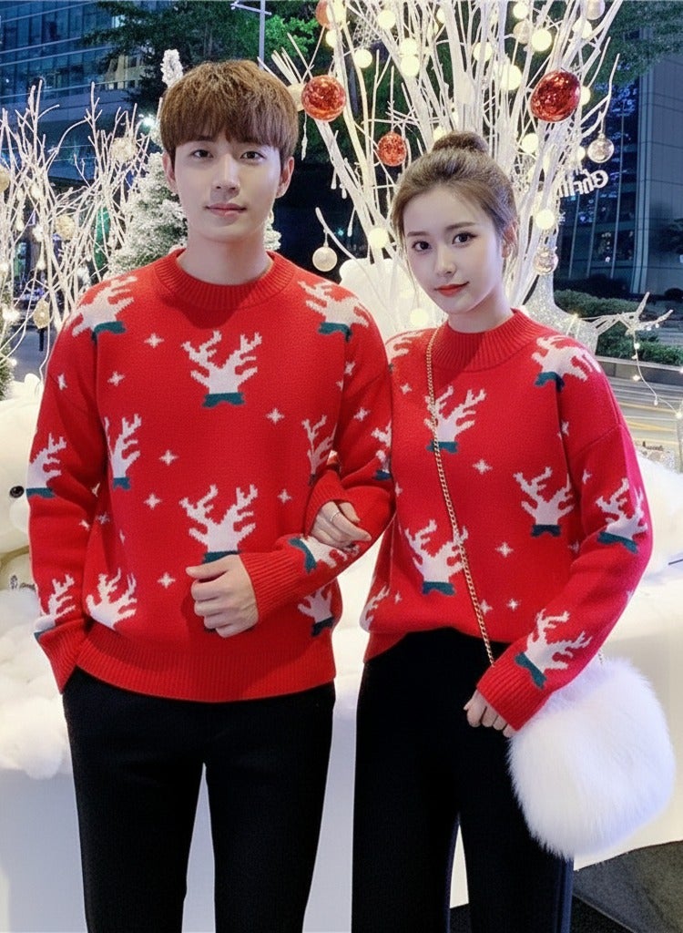 A.M festive Christmas outfit, centered around a vibrant red pullover sweater with a white reindeer and snowflake pattern - Image 3