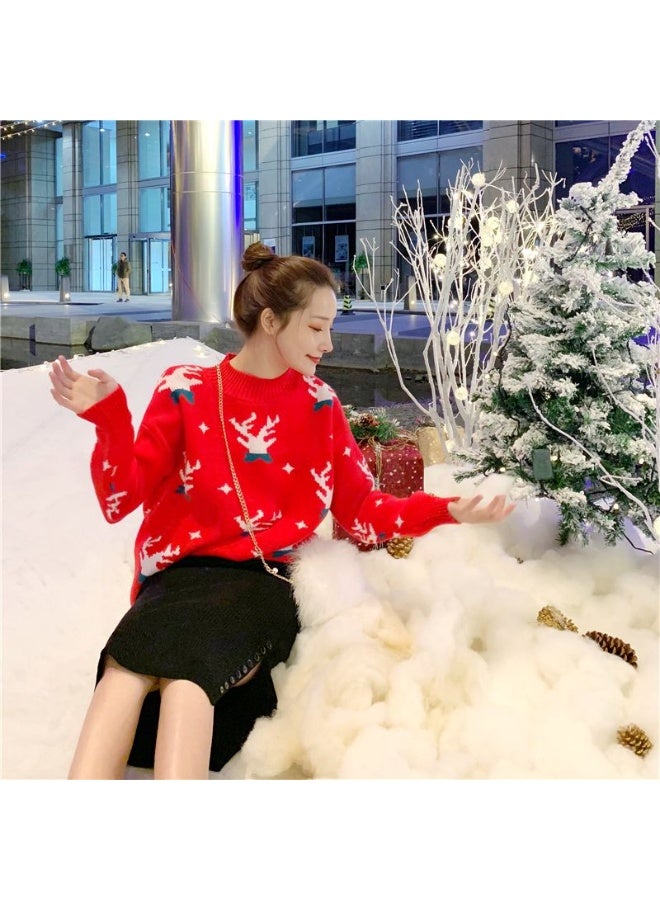 A.M festive Christmas outfit, centered around a vibrant red pullover sweater with a white reindeer and snowflake pattern - Image 4