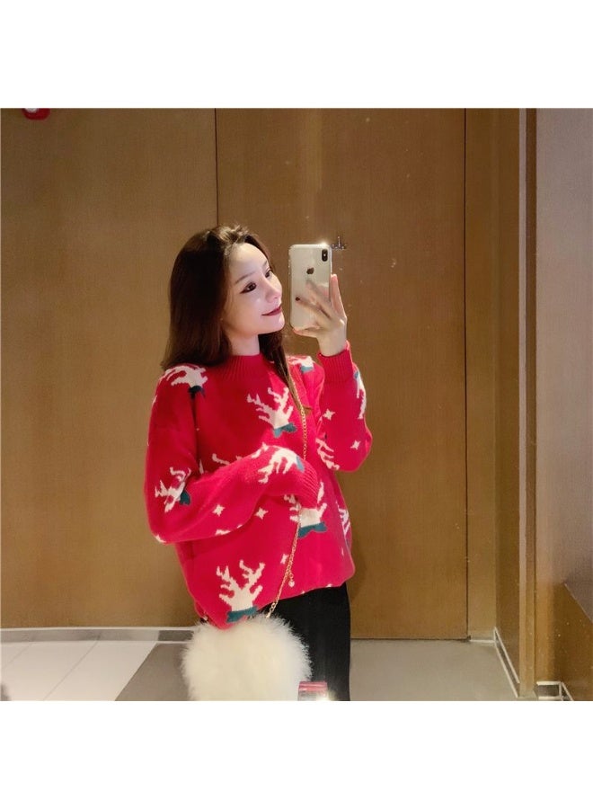 A.M festive Christmas outfit, centered around a vibrant red pullover sweater with a white reindeer and snowflake pattern - Image 5