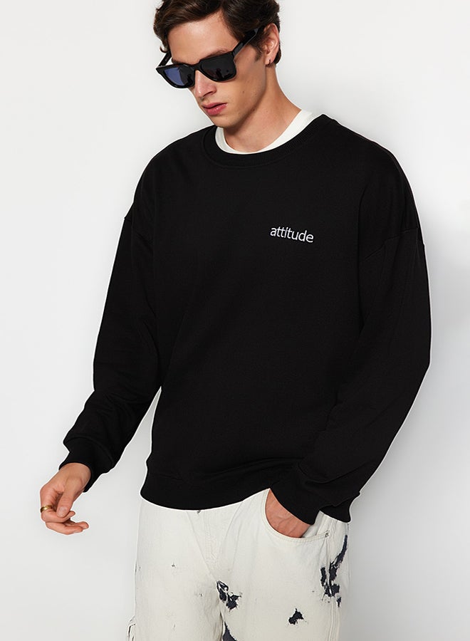 trendyol Black Premium Oversize/Wide Cut Thick Cotton Sweatshirt with Text Embroidery TMNAW24SW00039 - Image 4