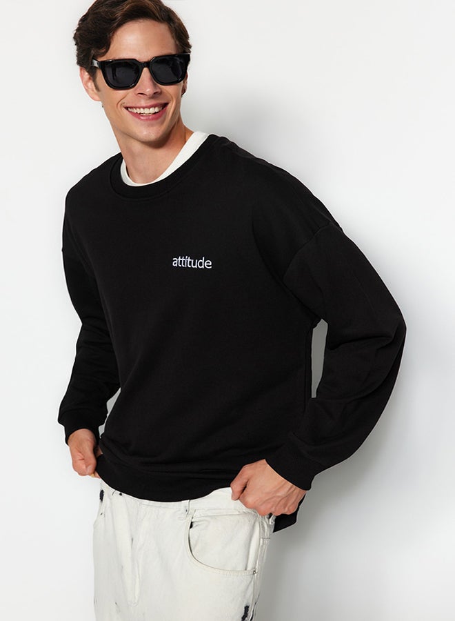 trendyol Black Premium Oversize/Wide Cut Thick Cotton Sweatshirt with Text Embroidery TMNAW24SW00039 - Image 3