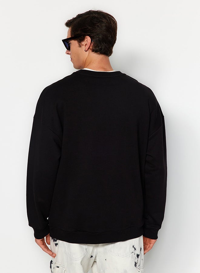 trendyol Black Premium Oversize/Wide Cut Thick Cotton Sweatshirt with Text Embroidery TMNAW24SW00039 - Image 5