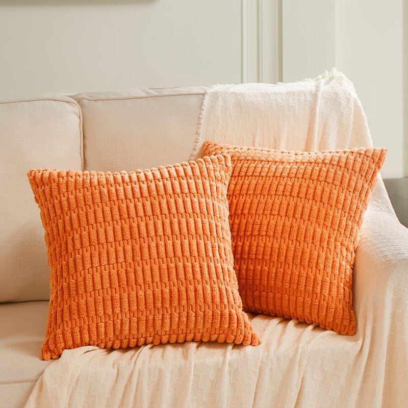 Fancy Homi 2 Packs Fall Burnt Orange Decorative Throw Pillow Covers 18x18 Inch for Living Room Couch Bed Sofa, Soft Striped Corduroy Square Cushion Case 45x45 cm, Rustic Farmhouse Boho Home Decor - Image 1