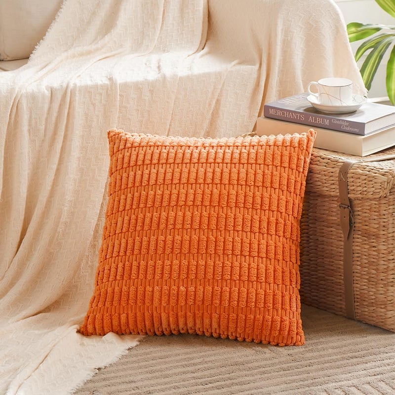 Fancy Homi 2 Packs Fall Burnt Orange Decorative Throw Pillow Covers 18x18 Inch for Living Room Couch Bed Sofa, Soft Striped Corduroy Square Cushion Case 45x45 cm, Rustic Farmhouse Boho Home Decor - Image 2