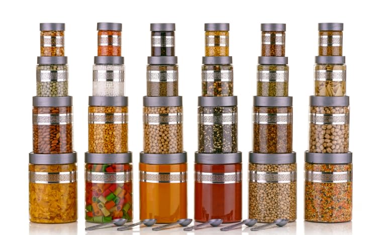 Qshare Kitchen Storage Containers - Transparent Storage Organiser Jar Set with lids & Spoons For Kitchen Pantry, 1200ml, 650ml, 350ml & 250ml Dabba for Snacks, Grains, Dry Fruits (Silver, Set of 20pc) - Image 3
