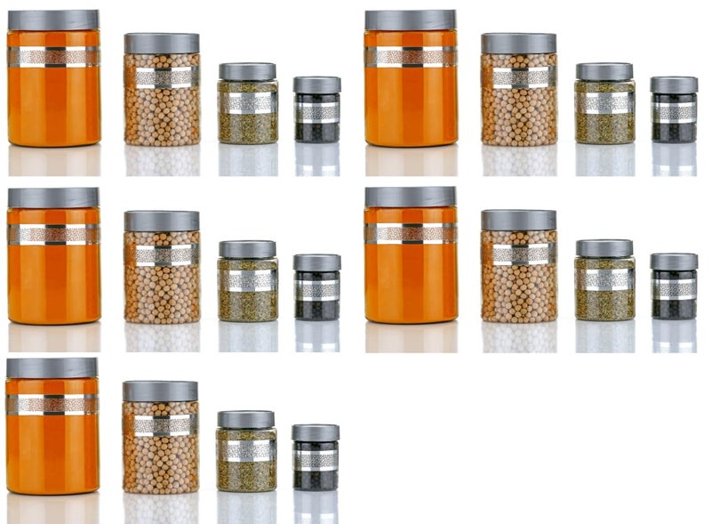 Qshare Kitchen Storage Containers - Transparent Storage Organiser Jar Set with lids & Spoons For Kitchen Pantry, 1200ml, 650ml, 350ml & 250ml Dabba for Snacks, Grains, Dry Fruits (Silver, Set of 20pc) - Image 1