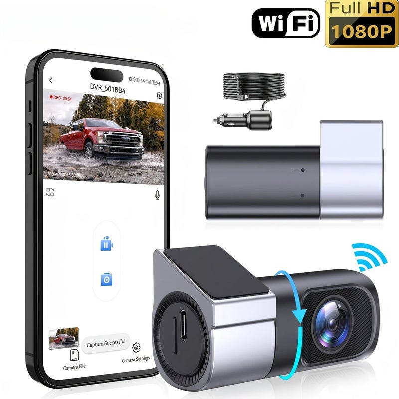 1080P WiFi Dashcam Front Camera Black With Parking Monitor Night Vision 145 Degree Wide Angle WDR App Control G Sensor Easy Installation - Image 1