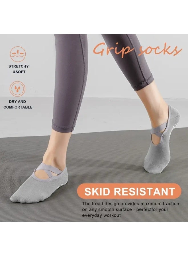 جوارب يوجا نسائية رياضية مضادة للانزلاق مع أربطة متقاطعة، قابلة للتهوية ومريحة، مقاس واحد مرن، سيليكون ممتلئ مضاد للانزلاق، يمتص العرق وعصري وغير قابل للسقوط بسهولة، مناسبة للبيلاتس والباليه وجوارب الرقص الداخلية - Image 4