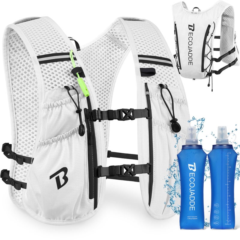 BECOJADDE Running Vest Hydration Backpack with Two 500ML Soft Water Bottles for Men Women 5L Lightweight Running Pack Hydration for Marathon Trail Cycling Hiking Jogging White - Image 2