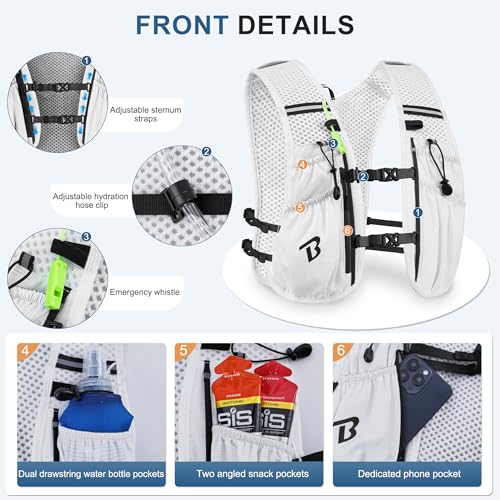 BECOJADDE Running Vest Hydration Backpack with Two 500ML Soft Water Bottles for Men Women 5L Lightweight Running Pack Hydration for Marathon Trail Cycling Hiking Jogging White - Image 3