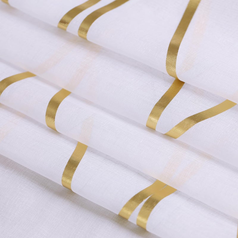 L.Z.E White and Gold Sheer Curtains 84 Inches Long 2 Panels Set, Gold Foil Printed Sheer Curtains for Living Room Dining Room, Light Filtering Grommet Window Drapes with Wave Patterns - Image 2