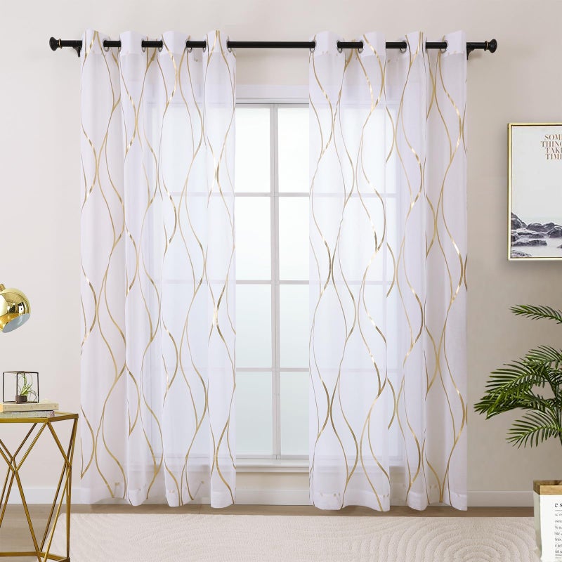 L.Z.E White and Gold Sheer Curtains 84 Inches Long 2 Panels Set, Gold Foil Printed Sheer Curtains for Living Room Dining Room, Light Filtering Grommet Window Drapes with Wave Patterns - Image 1