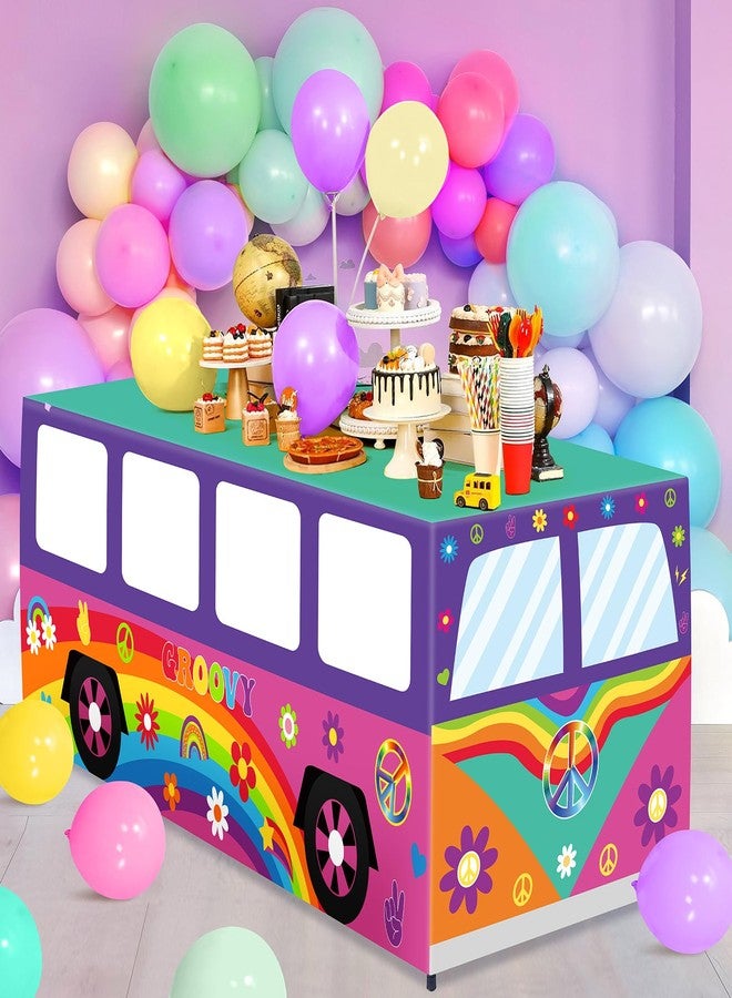 CHUNNIN 6Ft 60's Hippie Bus Tablecloths Groovy Van Birthday Party Decorations Rainbow Daisy Table Cover Washable Fabric Polyester Rectangle Table Cloth Protector for Retro 60s 70s Baby Shower Supplies - Image 1
