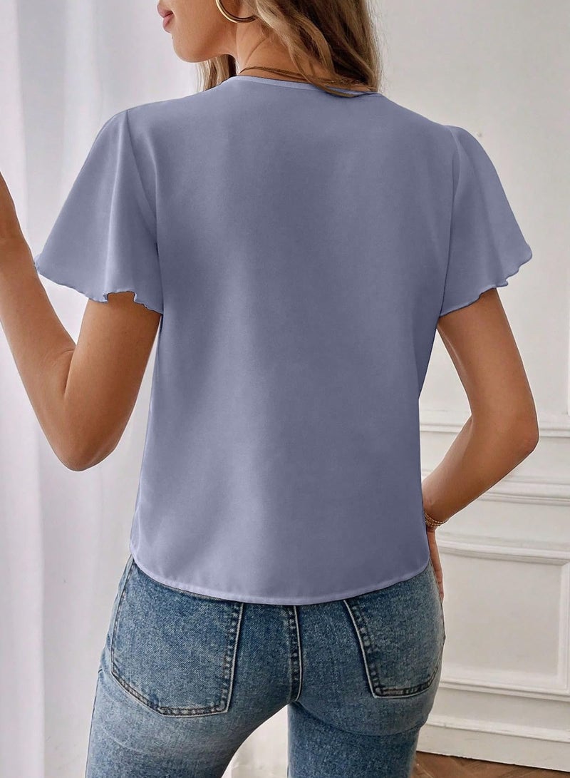 EVALESS Short Sleeve Shirts for Women Trendy 2026 Summer Pleated V Neck Blouses Dressy Casual Work Business Tops Beau Blue L - Image 3