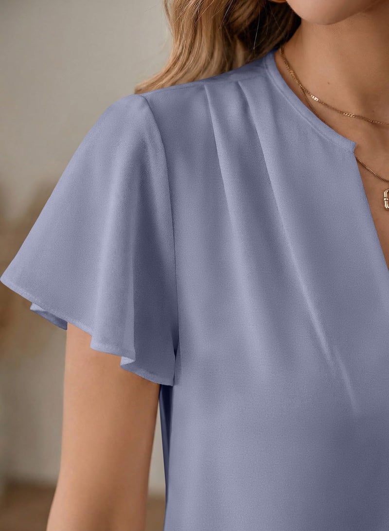 EVALESS Short Sleeve Shirts for Women Trendy 2026 Summer Pleated V Neck Blouses Dressy Casual Work Business Tops Beau Blue L - Image 4