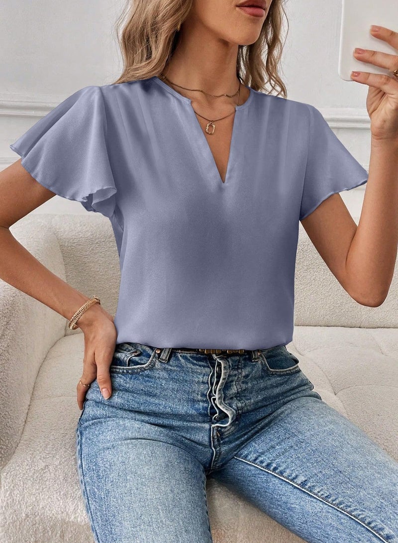 EVALESS Short Sleeve Shirts for Women Trendy 2026 Summer Pleated V Neck Blouses Dressy Casual Work Business Tops Beau Blue L - Image 2