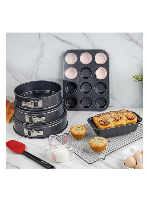 Betty Crocker Baking SET 8 Pcs (3*springform + 1*Muffin Pan 12 cups + 1*Loaf Pan+ 1*Measure cup 360ml + 1*Cooling Rack + 1*Silicon spatula) Thickness 0.4M