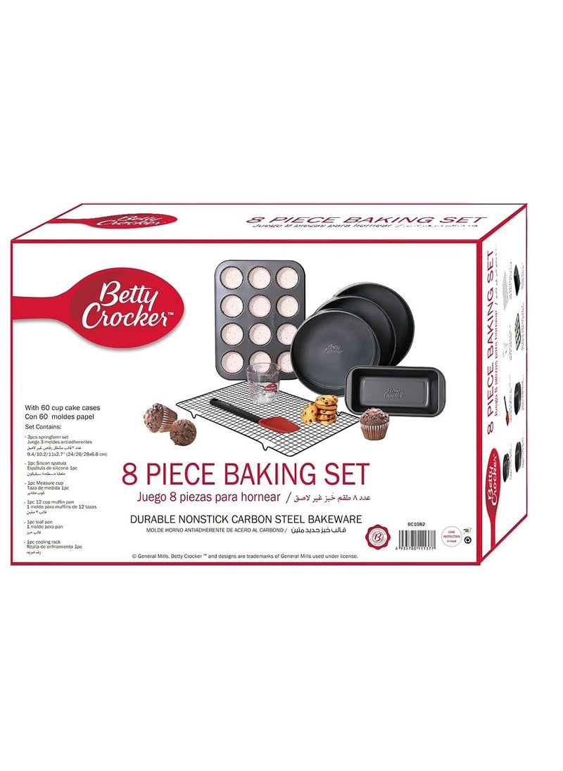 Betty Crocker - Betty Crocker Baking SET 8 Pcs (3*springform + 1*Muffin Pan 12 cups + 1*Loaf Pan+ 1*Measure cup 360ml + 1*Cooling Rack + 1*Silicon spatula) Thickness 0.4M - Image 1