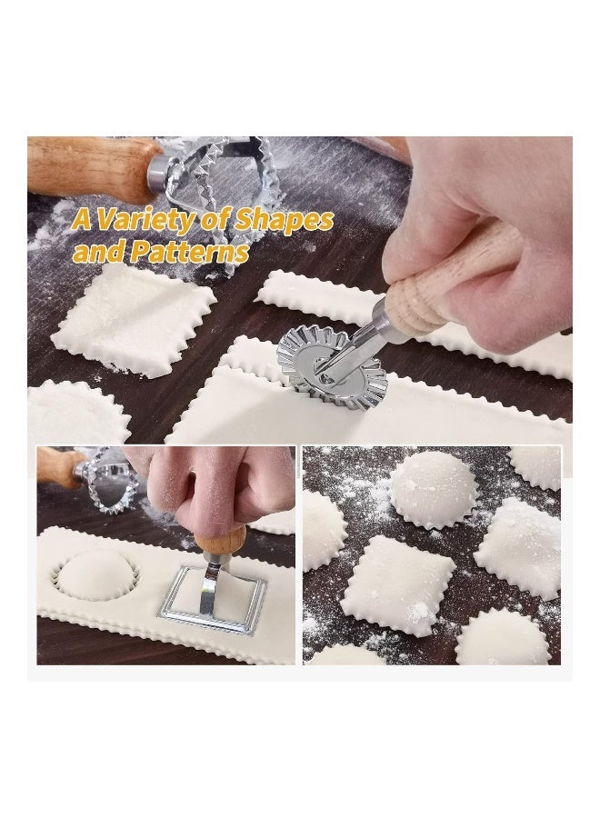 Ravioli Maker Stamp Cutter with Roller Wheel Set, Pasta Maker Mold with Wooden Handle and Fluted Edge for Ravioli, Pasta, Dumplings Lasagna, Pierogi (Set of 5)