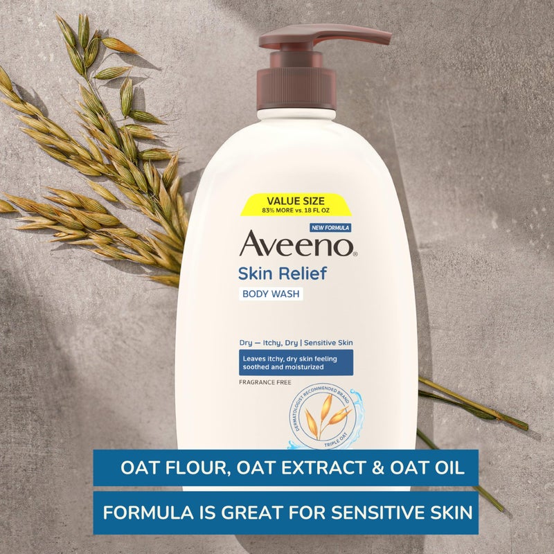 Aveeno Skin Relief Fragrance Free Body Wash, Triple Oat Formula, Gentle Daily Cleanser for Itchy Dry Sensitive Skin, Soap & Paraben Free, Soothes & Moisturizes, 33 fl oz - Image 2