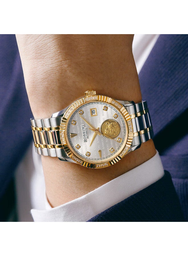 Rossini Men's Automatic Mechanical Watch With White Dial And Steel Strap, Birthday Gift For Boyfriend, Chinese Brand Business Gold Coin Pixiu 8705 - Image 1