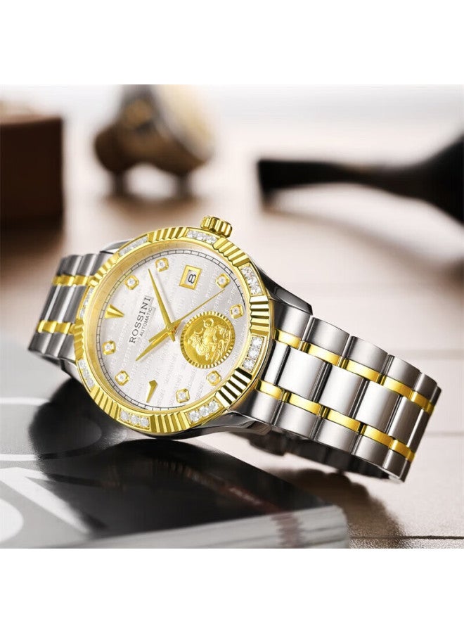 Rossini Men's Automatic Mechanical Watch With White Dial And Steel Strap, Birthday Gift For Boyfriend, Chinese Brand Business Gold Coin Pixiu 8705 - Image 3