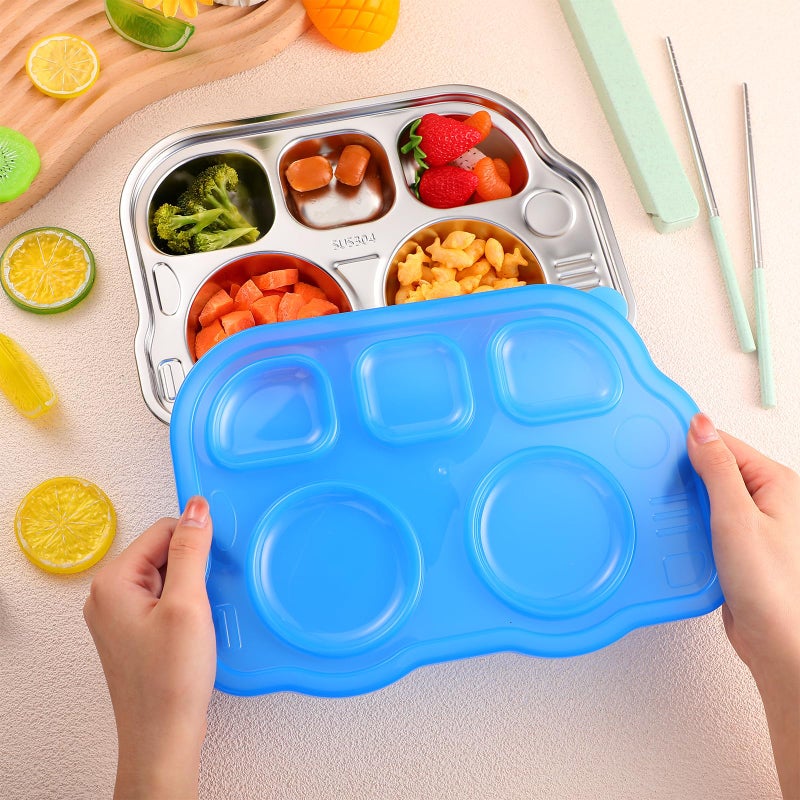 Layhit طبق مقسم من الفولاذ المقاوم للصدأ 4 قطع 5 أقسام شكل حافلة المدرسة للأطفال مع أغطية صينية عشاء للوجبات الخفيفة للأطفال - Image 3