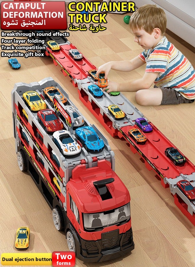 Racing track toy truck toy, sliding track catapult car parking lot Truck Toy with Slots & Foldable Race Tracks Transport Car Carrier Toy for Toddlers Cars Toy Set Container Truck Toy with 8 Alloy Cars Vehicles Toy Set for 3+ Kids ﻿  - Image 1