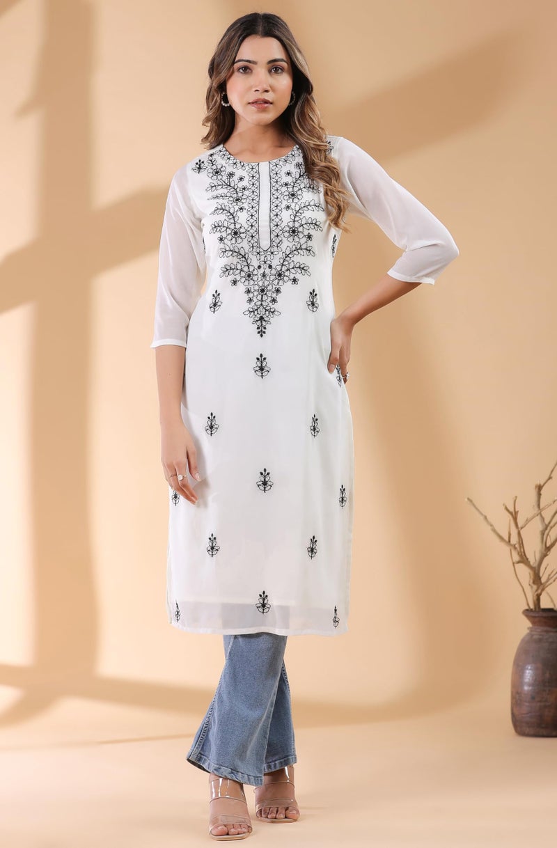 Janasya Women's White Georgette Embroidered Straight Kurta (JAA25KR01180-XS) - Image 5