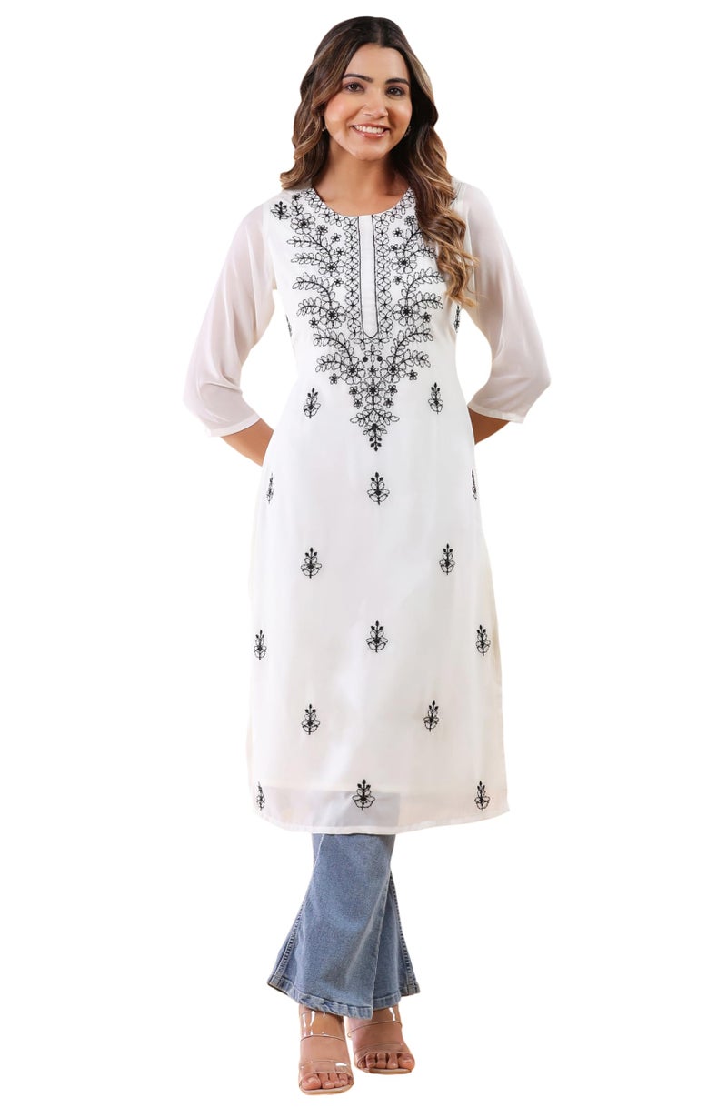 Janasya Women's White Georgette Embroidered Straight Kurta (JAA25KR01180-XS) - Image 1