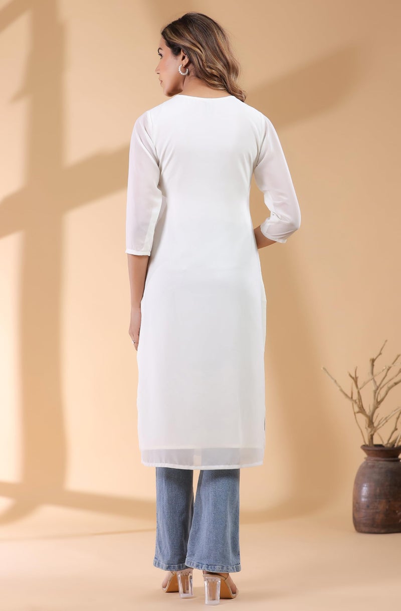 Janasya Women's White Georgette Embroidered Straight Kurta (JAA25KR01180-XS) - Image 4