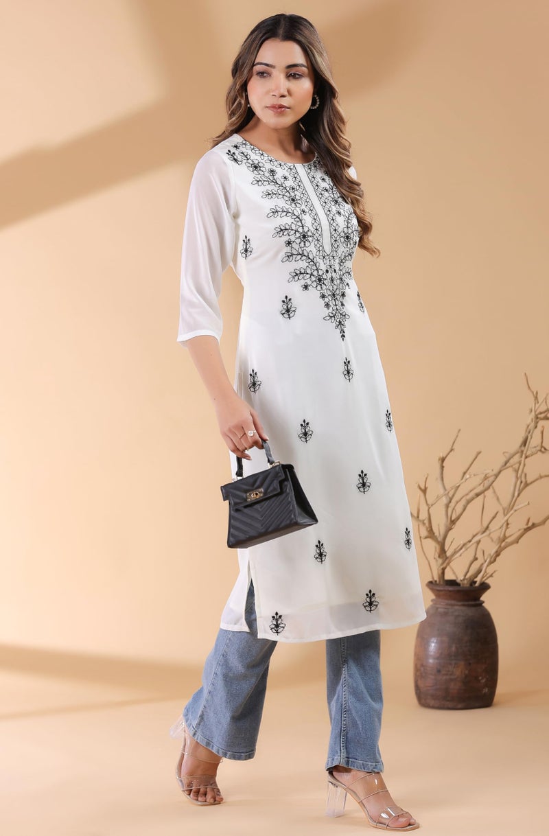 Janasya Women's White Georgette Embroidered Straight Kurta (JAA25KR01180-XS) - Image 3