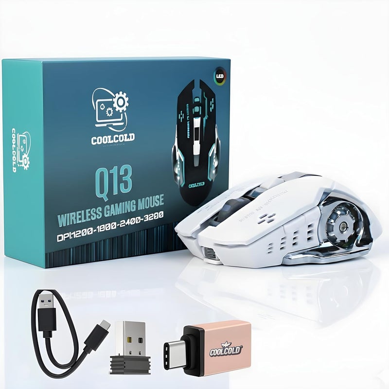 COOLCOLD Gaming Mouse | Rechargeable, Wireless Gaming Mouse | with Type c OTG Dongle, 2.4Ghz RGB Lights Mice, Upto 2400 DPI 6 Button, 4 Color Breathing Lights, Distance-10m, (White) - Image 1