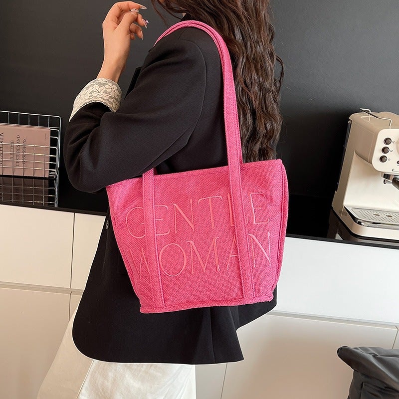 Shigge Cotton Linen Tote Bag with Embroidery Letters - Image 2