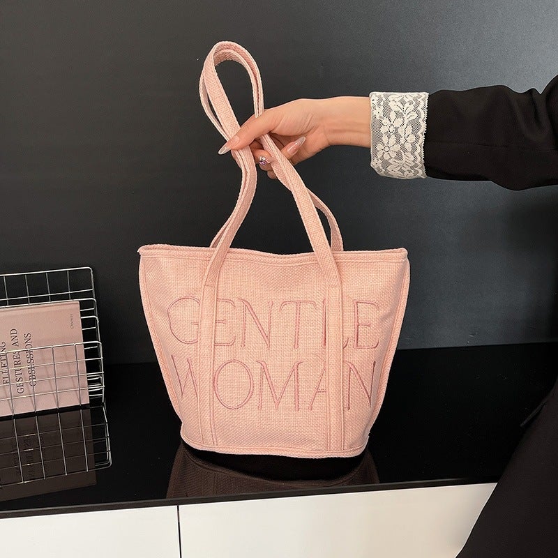 Shigge Cotton Linen Tote Bag with Embroidery Letters - Image 3