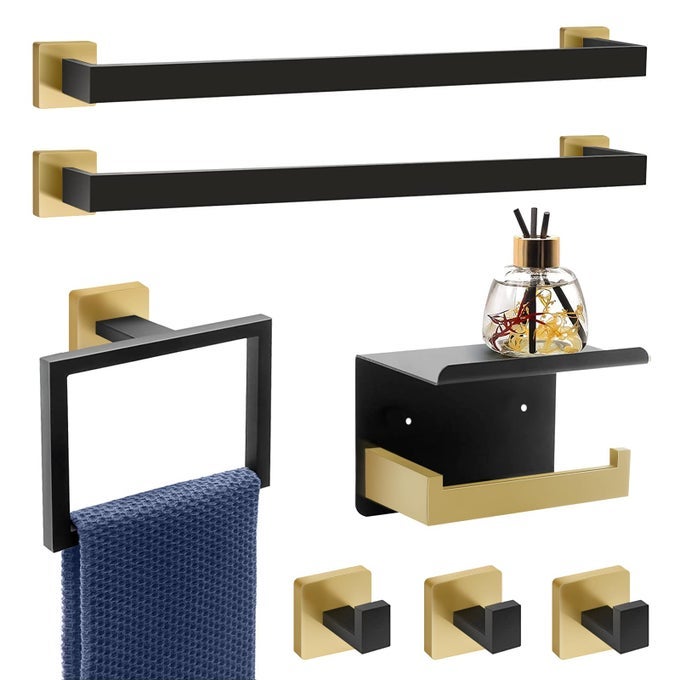 7PIECE BATHROOM SET BLACK GOLD ACCESSORIES SET SQUARE TOWEL BAR 2X23 HAND TOWEL RACK TOILET PAPER HOLDER 3X TOWEL HOOK BATHROOM HARDWARE