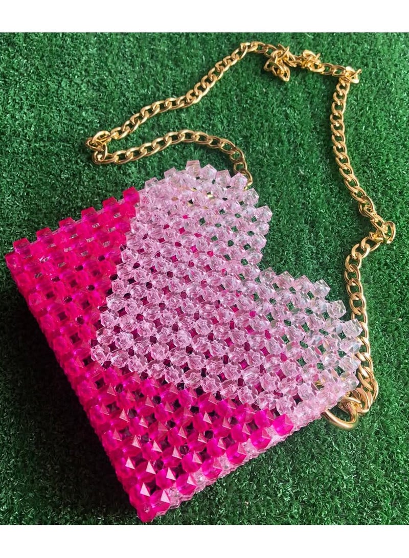 Evening and Event Bag - pink and white with Gold Chain - Gorgeous and Spacious, Handmade with Beads - Image 2