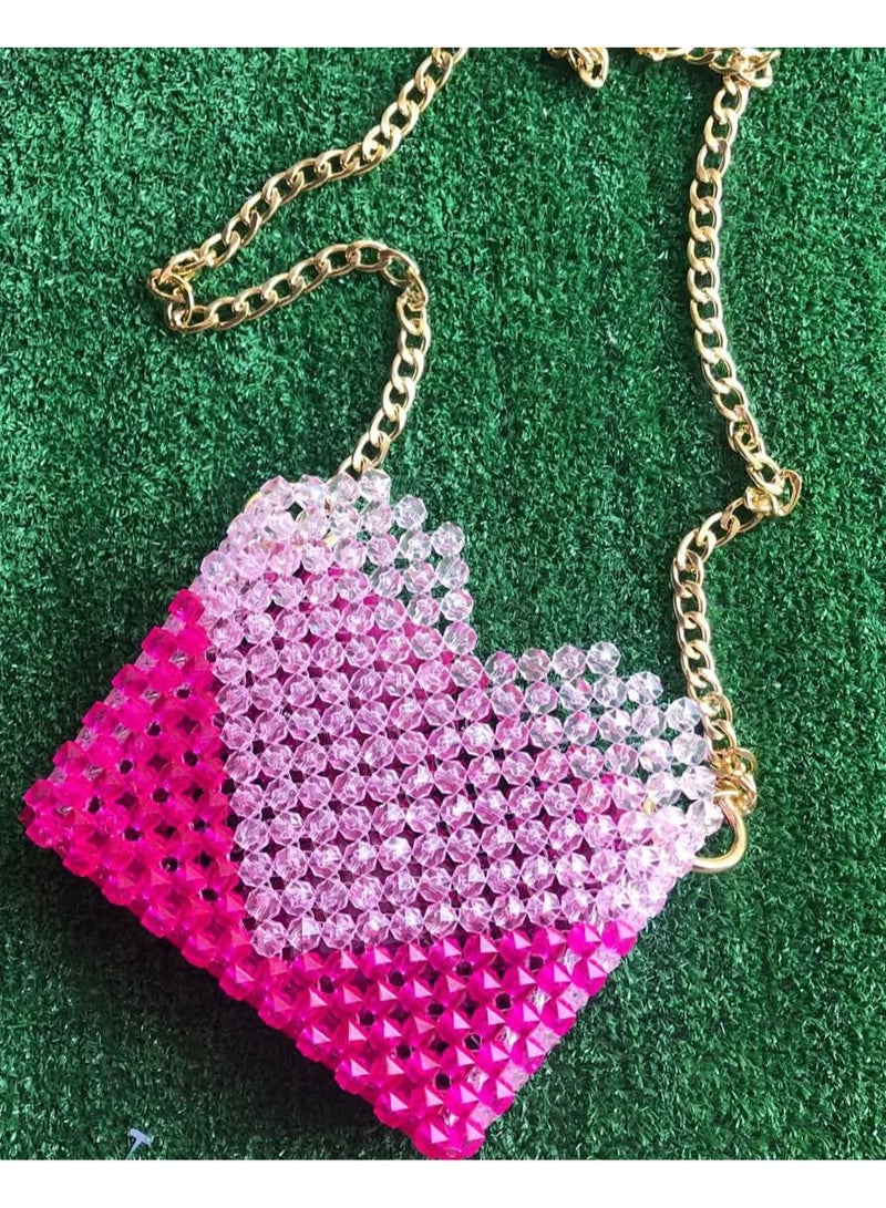 Evening and Event Bag - pink and white with Gold Chain - Gorgeous and Spacious, Handmade with Beads - Image 4