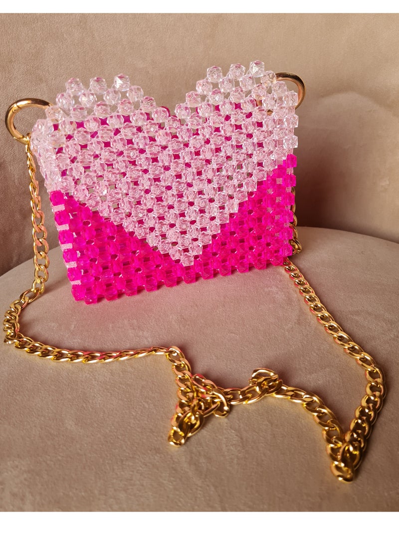 Evening and Event Bag - pink and white with Gold Chain - Gorgeous and Spacious, Handmade with Beads - Image 1