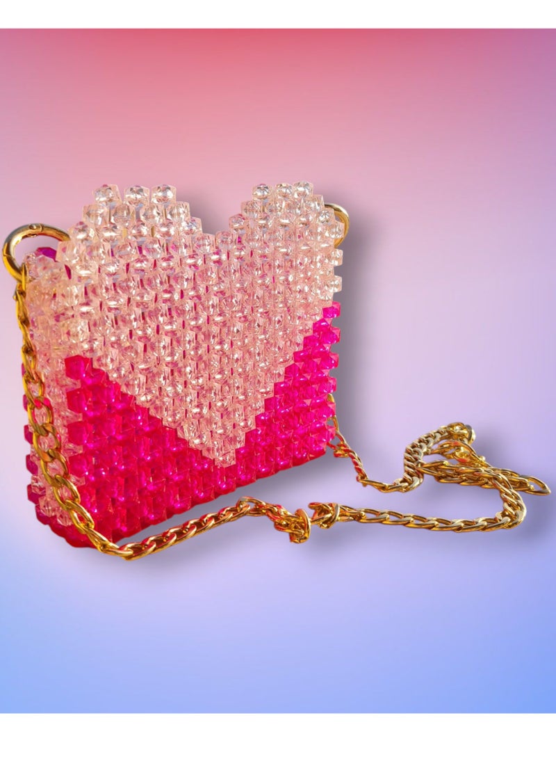Evening and Event Bag - pink and white with Gold Chain - Gorgeous and Spacious, Handmade with Beads - Image 2