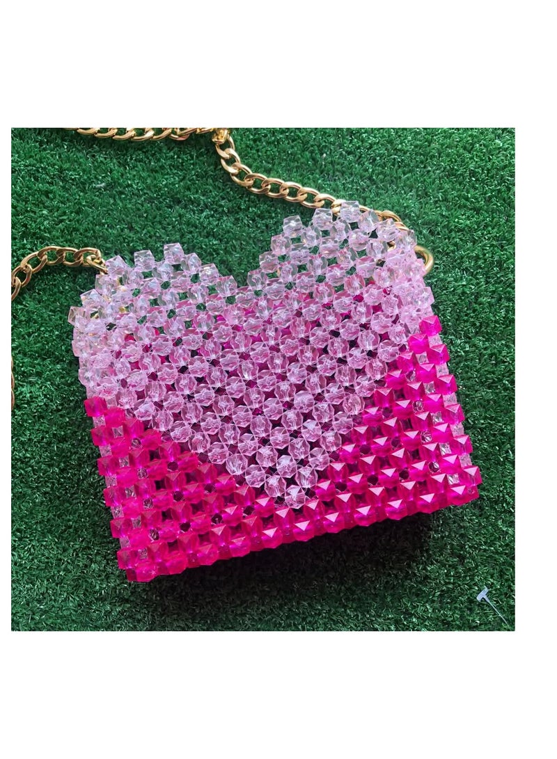 Evening and Event Bag - pink and white with Gold Chain - Gorgeous and Spacious, Handmade with Beads - Image 4